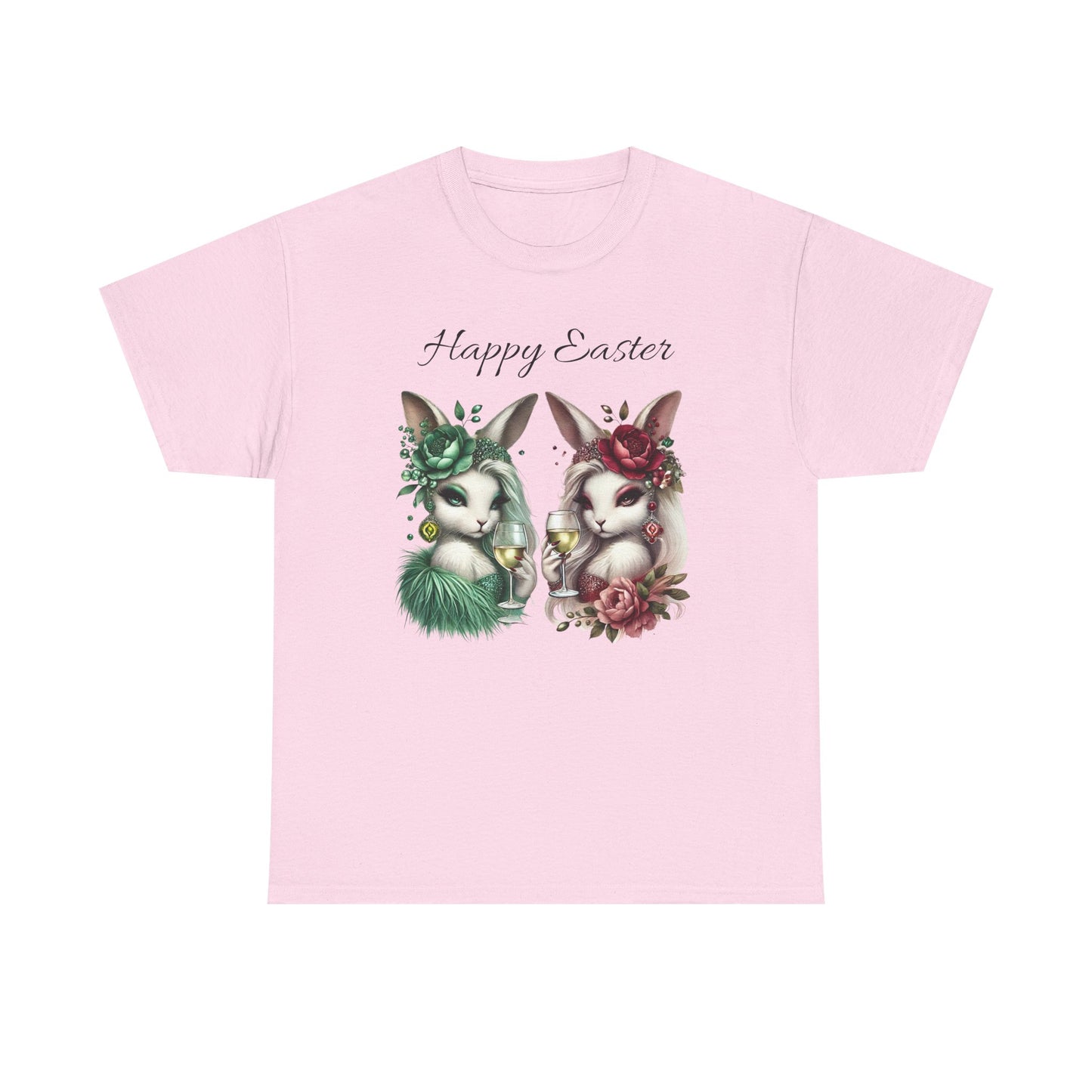 “Happy Easter” – Glam Bunny Duo Unisex Tee 🐰🍷🌿