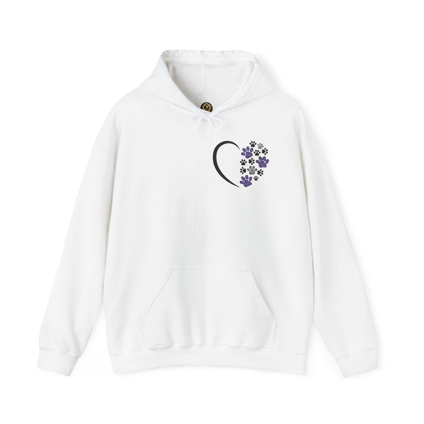 Heart & Paws Unisex Hoodie – Purple & Black Paw Prints