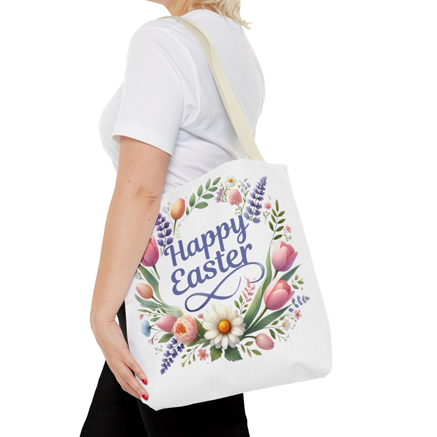 “Happy Easter” – Floral Wreath Tote Bag 🌸🐣👜