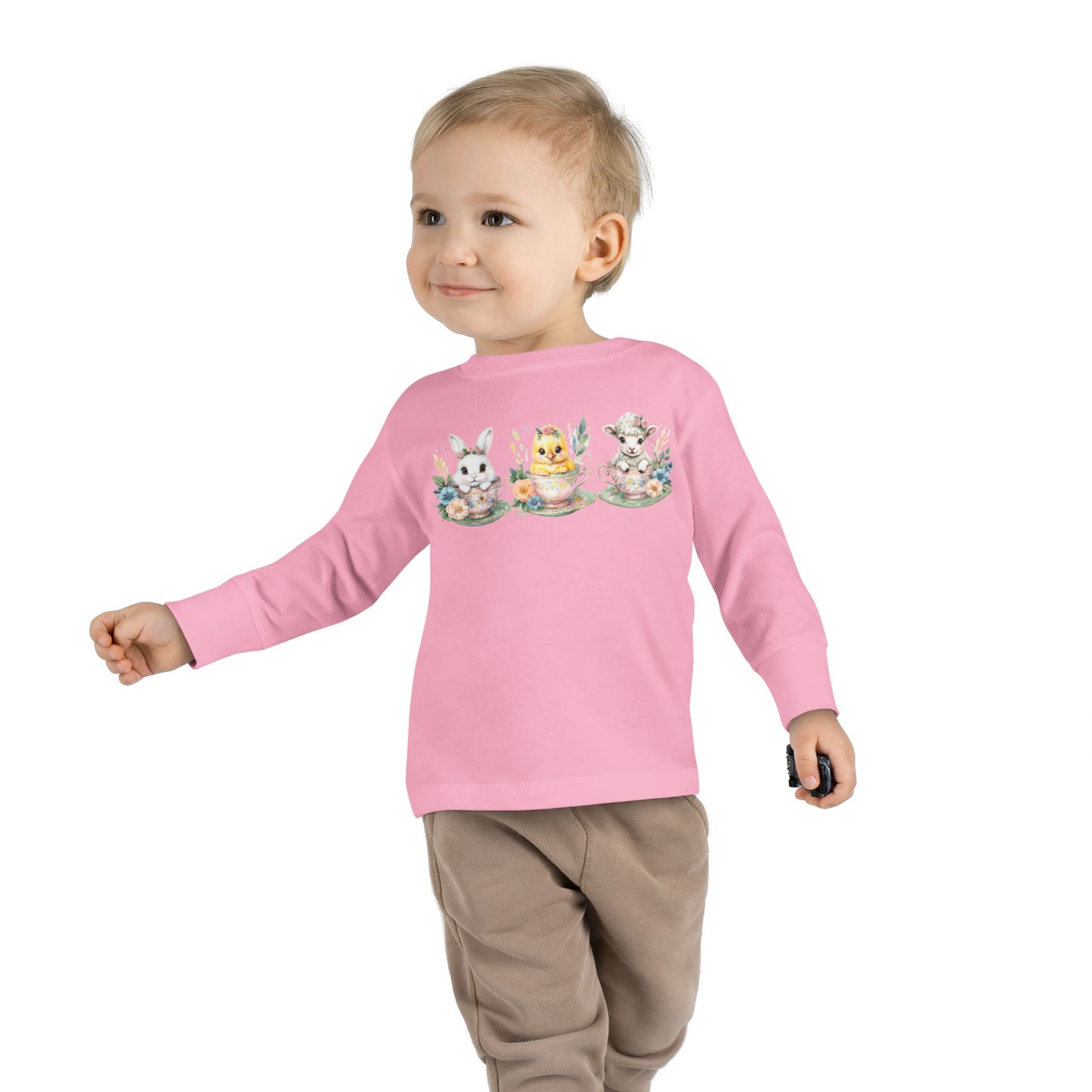 “Tea Time Trio” – Toddler Long Sleeve Tee 🐰🫖🌸