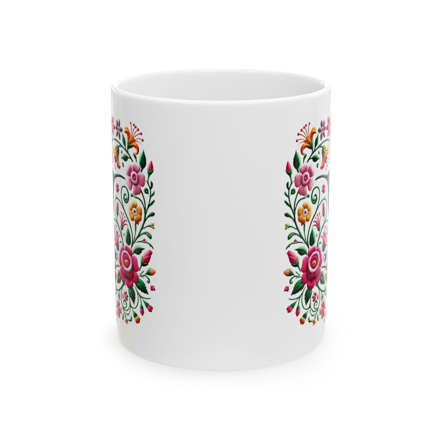 Hummingbird & Floral Embroidered-Style Ceramic Mug 🌸✨ (11oz, 15oz)