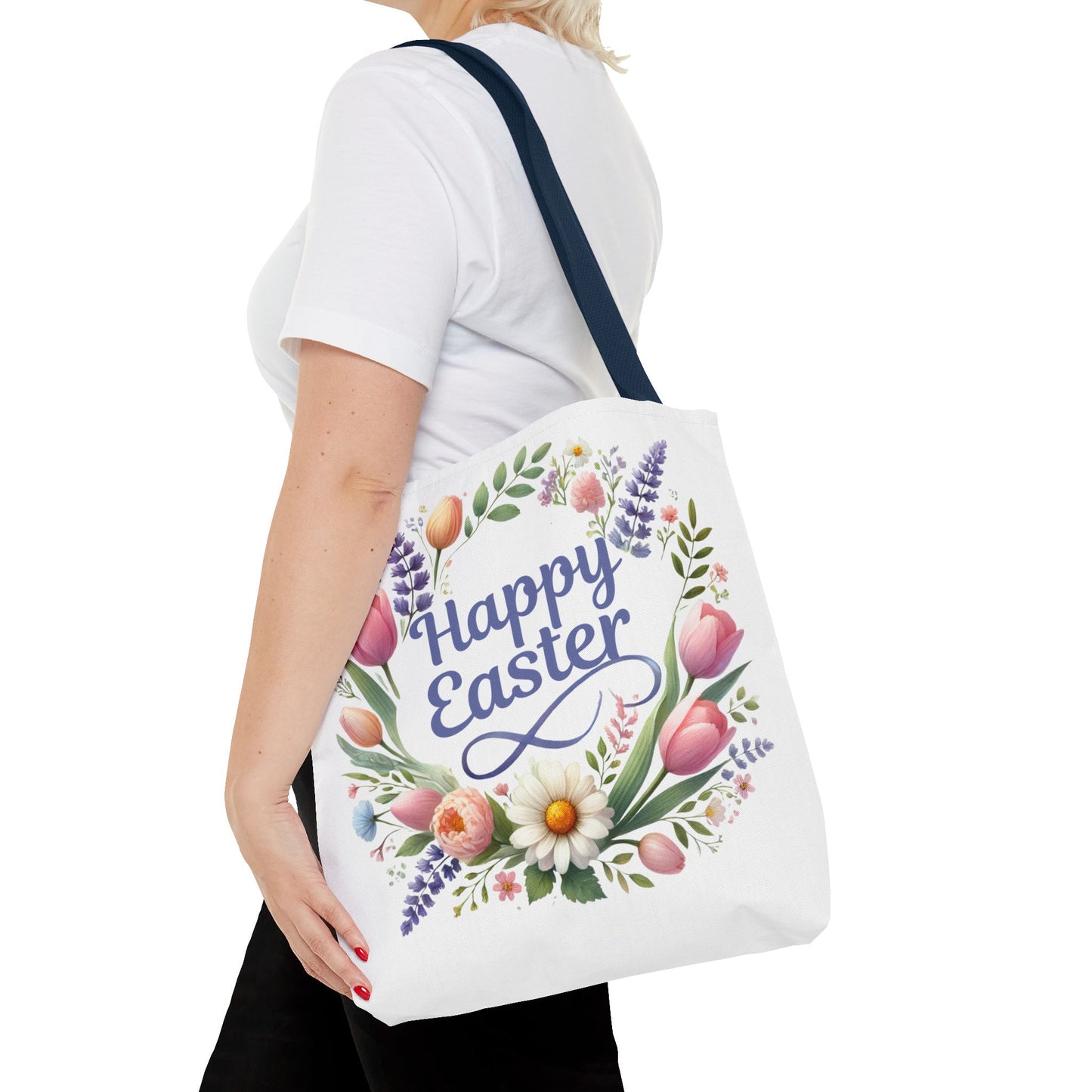 “Happy Easter” – Floral Wreath Tote Bag 🌸🐣👜