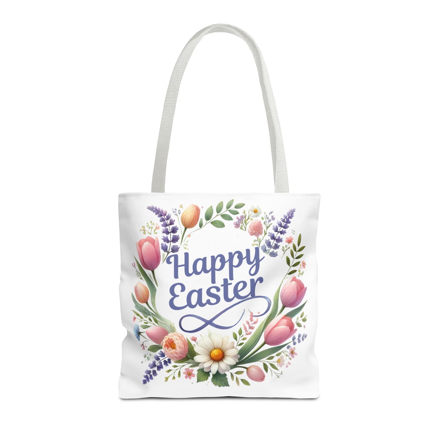“Happy Easter” – Floral Wreath Tote Bag 🌸🐣👜