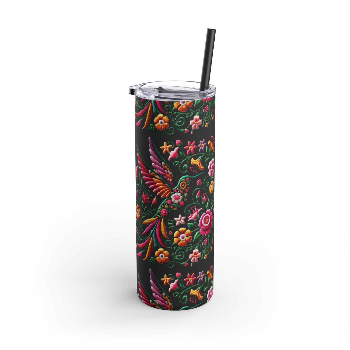 Hummingbird & Floral Embroidered-Style Skinny Tumbler 🌸✨ (20oz)