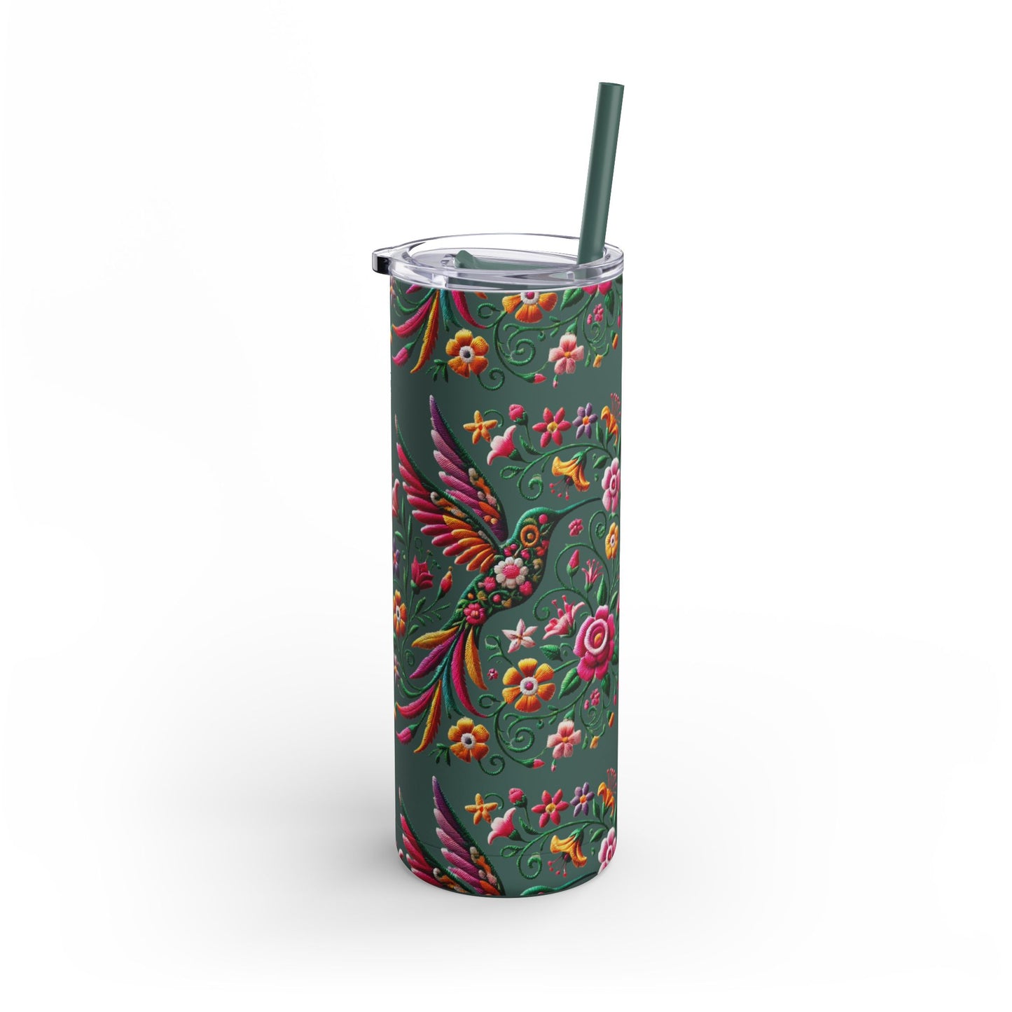 Hummingbird & Floral Embroidered-Style Skinny Tumbler 🌸✨ (20oz)