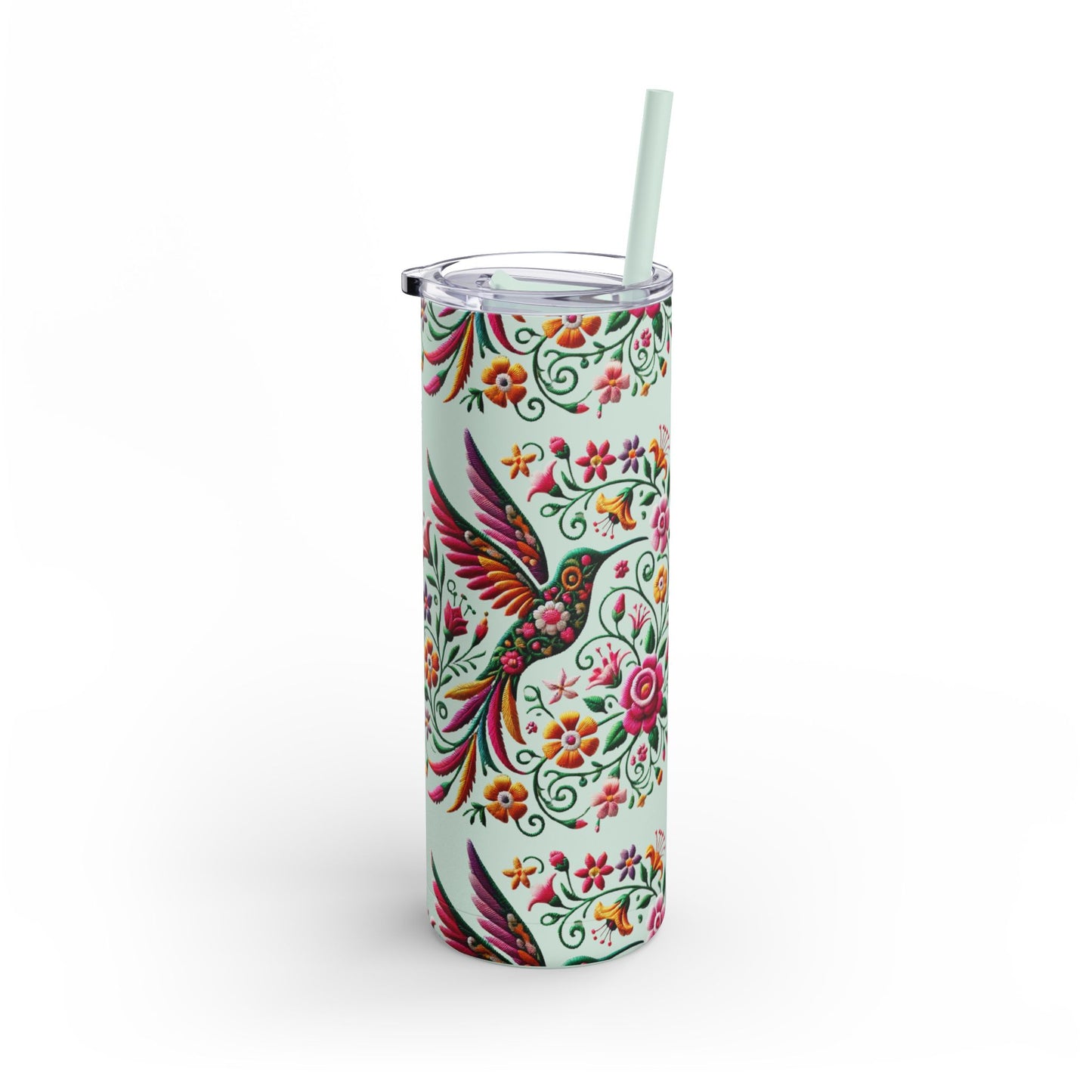 Hummingbird & Floral Embroidered-Style Skinny Tumbler 🌸✨ (20oz)