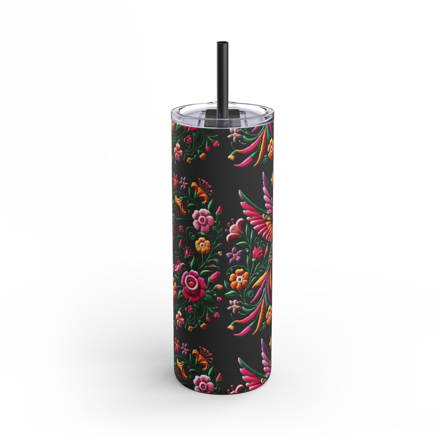 Hummingbird & Floral Embroidered-Style Skinny Tumbler 🌸✨ (20oz)