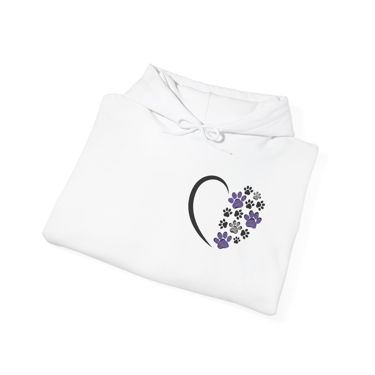 Heart & Paws Unisex Hoodie – Purple & Black Paw Prints