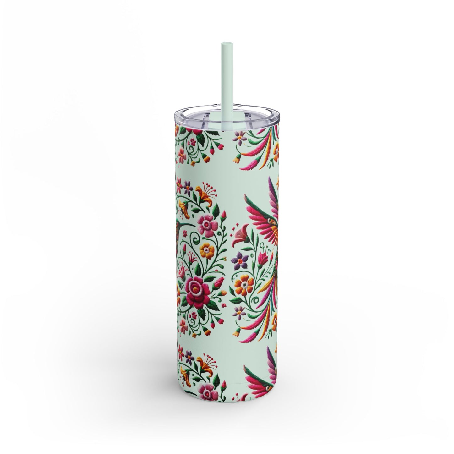 Hummingbird & Floral Embroidered-Style Skinny Tumbler 🌸✨ (20oz)
