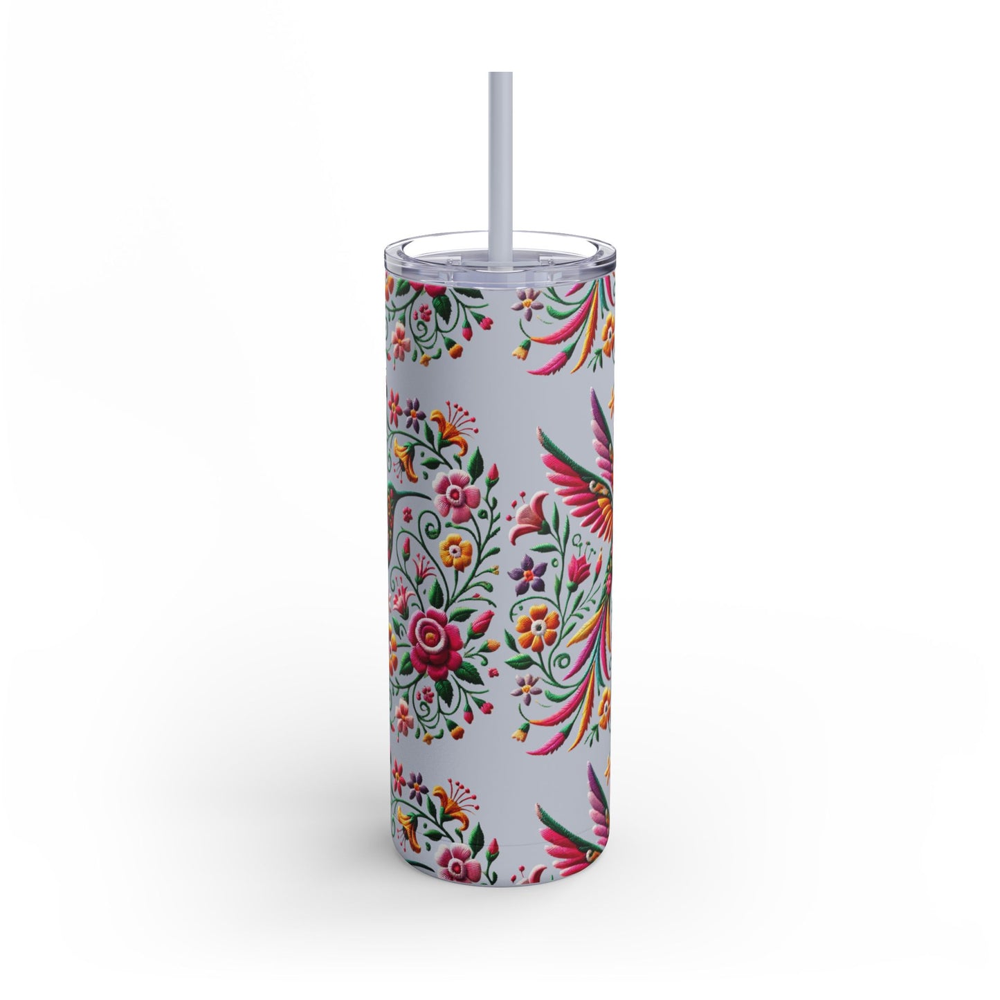 Hummingbird & Floral Embroidered-Style Skinny Tumbler 🌸✨ (20oz)