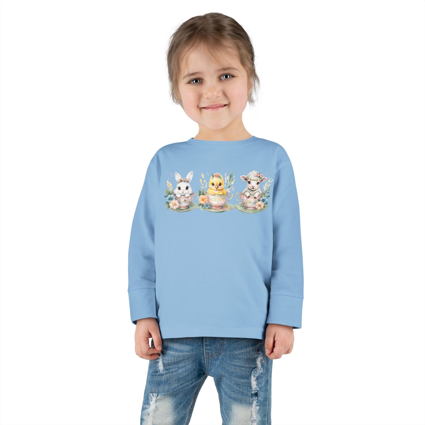 “Tea Time Trio” – Toddler Long Sleeve Tee 🐰🫖🌸