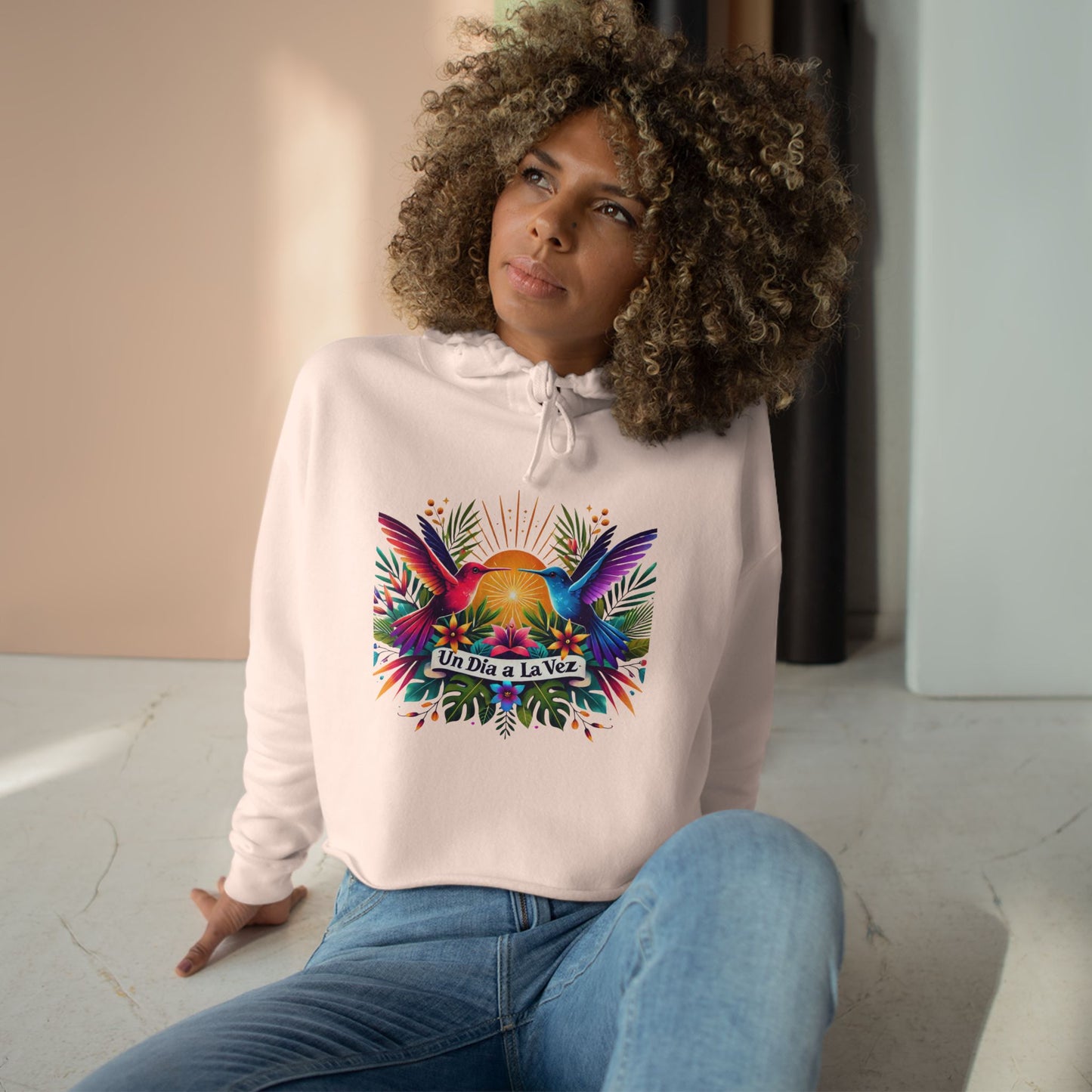 "Un Día a La Vez" Tropical Sunrise Cropped Hoodie