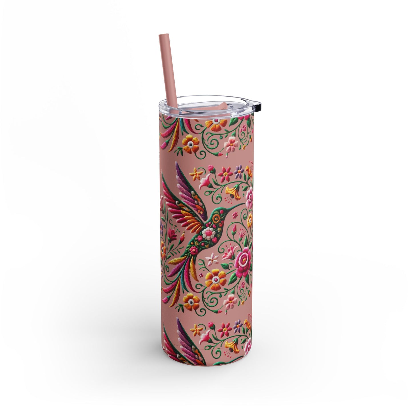 Hummingbird & Floral Embroidered-Style Skinny Tumbler 🌸✨ (20oz)