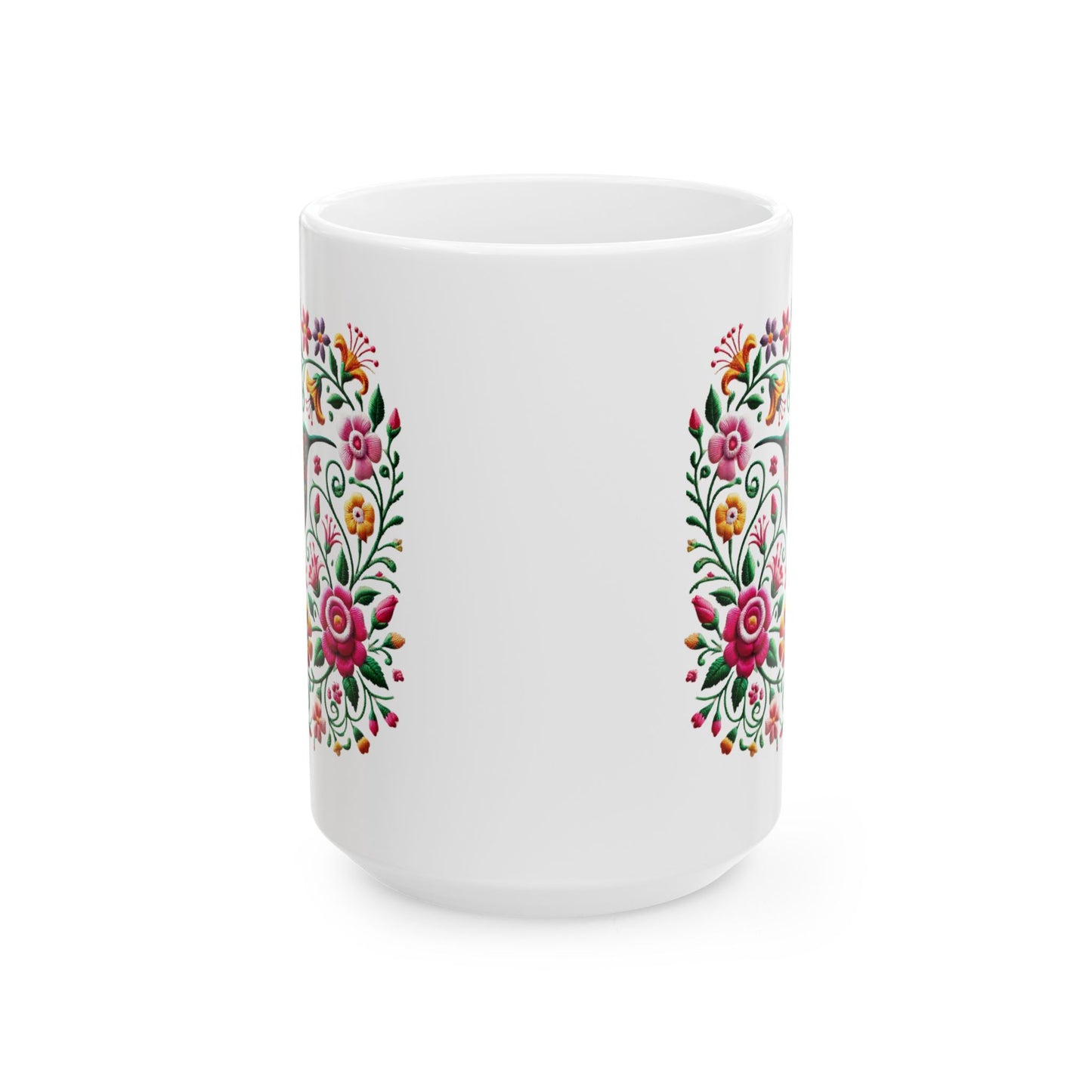 Hummingbird & Floral Embroidered-Style Ceramic Mug 🌸✨ (11oz, 15oz)