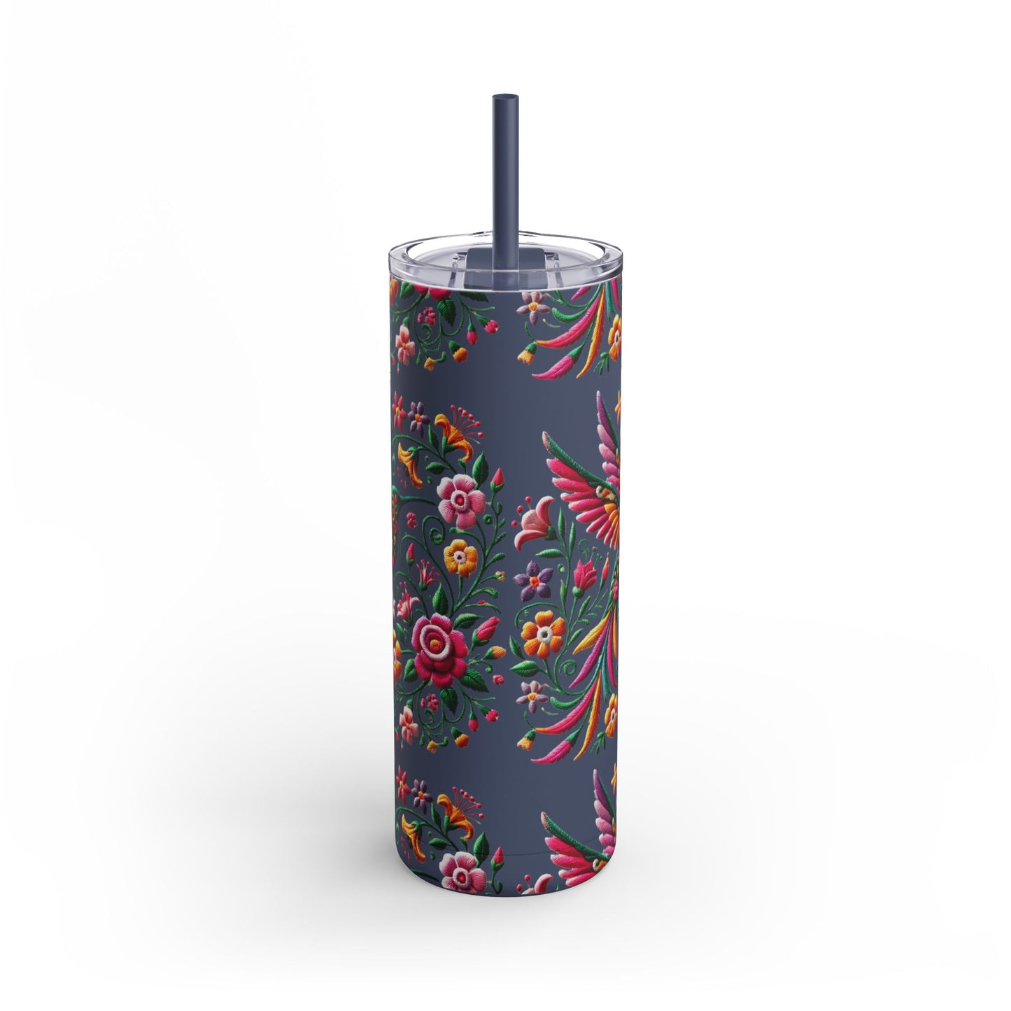 Hummingbird & Floral Embroidered-Style Skinny Tumbler 🌸✨ (20oz)