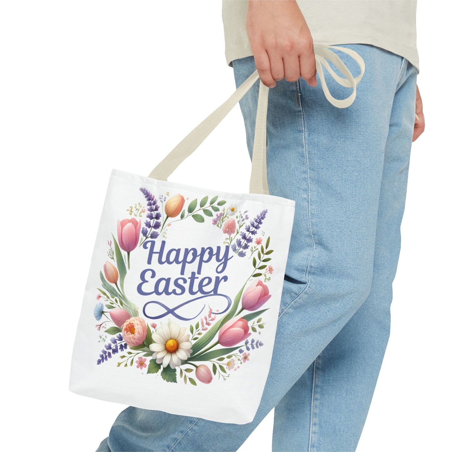 “Happy Easter” – Floral Wreath Tote Bag 🌸🐣👜