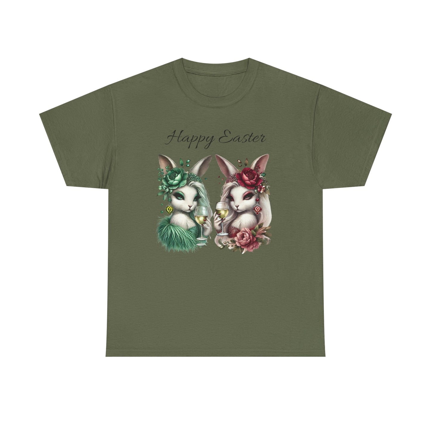 “Happy Easter” – Glam Bunny Duo Unisex Tee 🐰🍷🌿