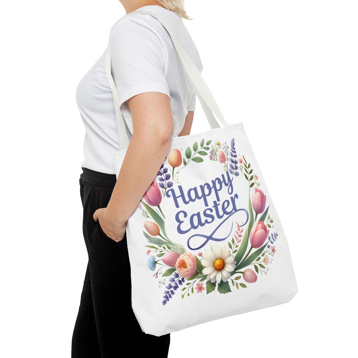 “Happy Easter” – Floral Wreath Tote Bag 🌸🐣👜