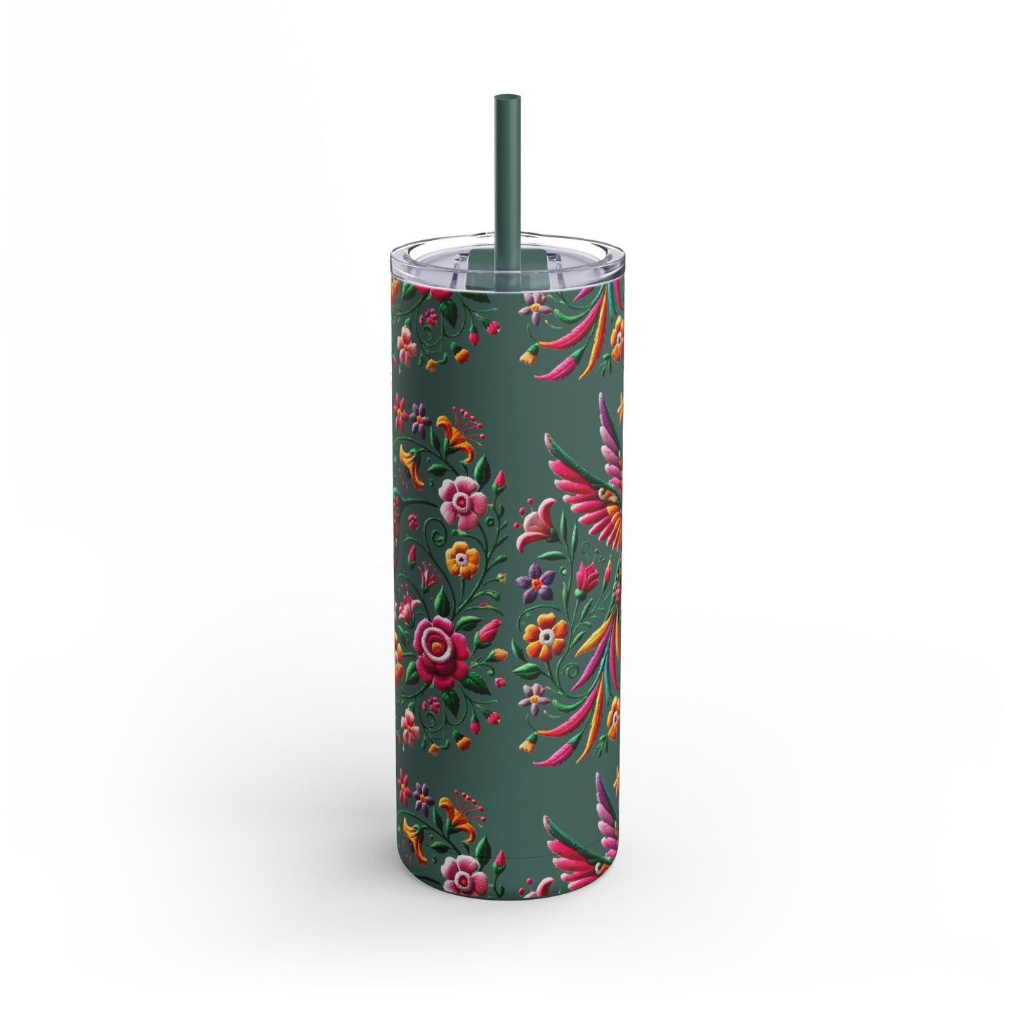 Hummingbird & Floral Embroidered-Style Skinny Tumbler 🌸✨ (20oz)