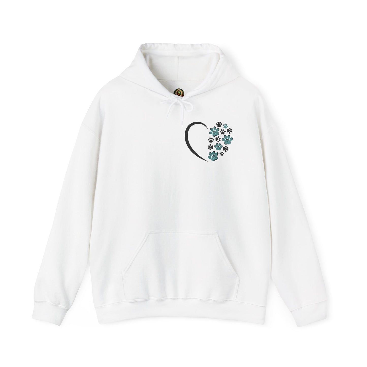 Paw Heart Unisex Hoodie – Teal & Black Paw Prints