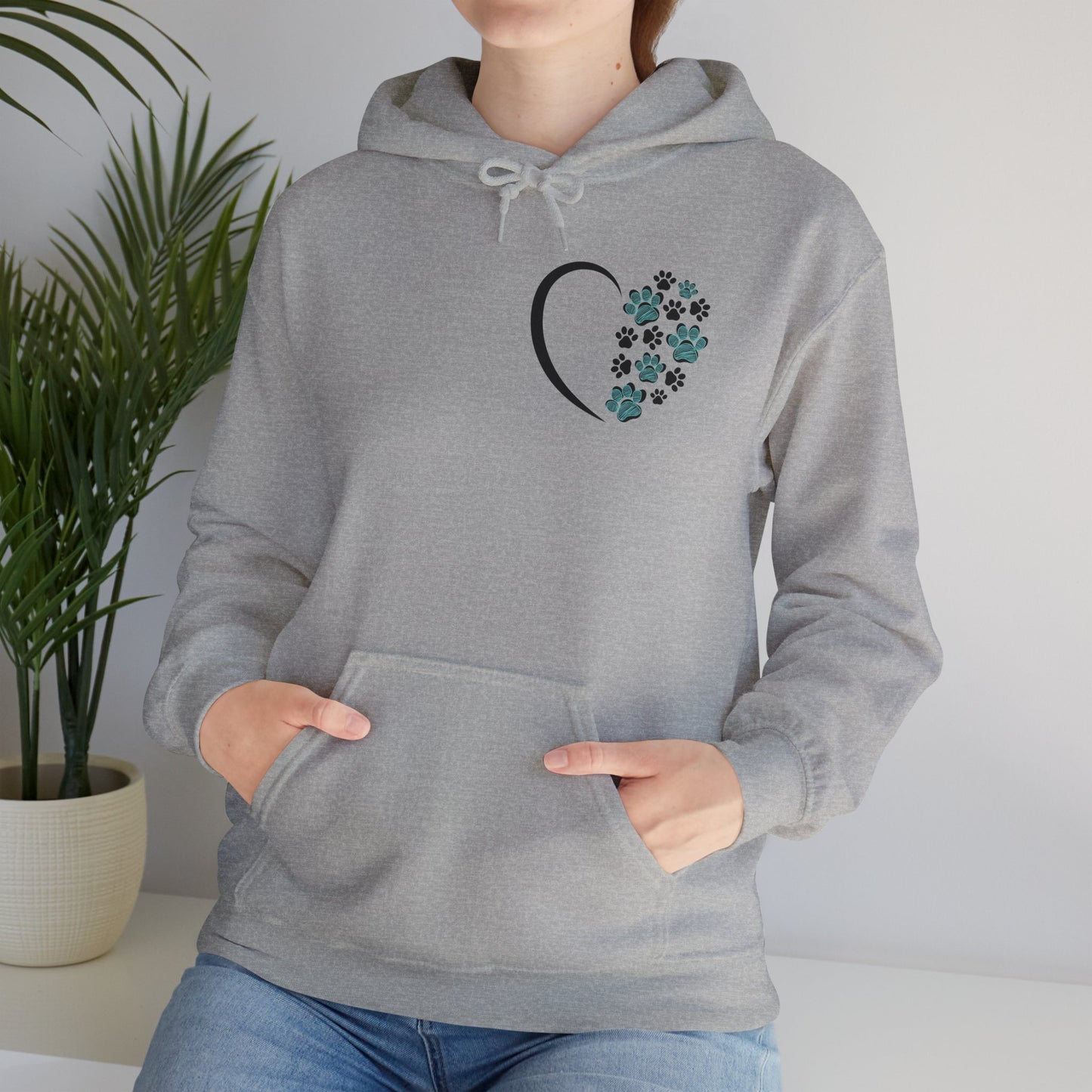 Paw Heart Unisex Hoodie – Teal & Black Paw Prints