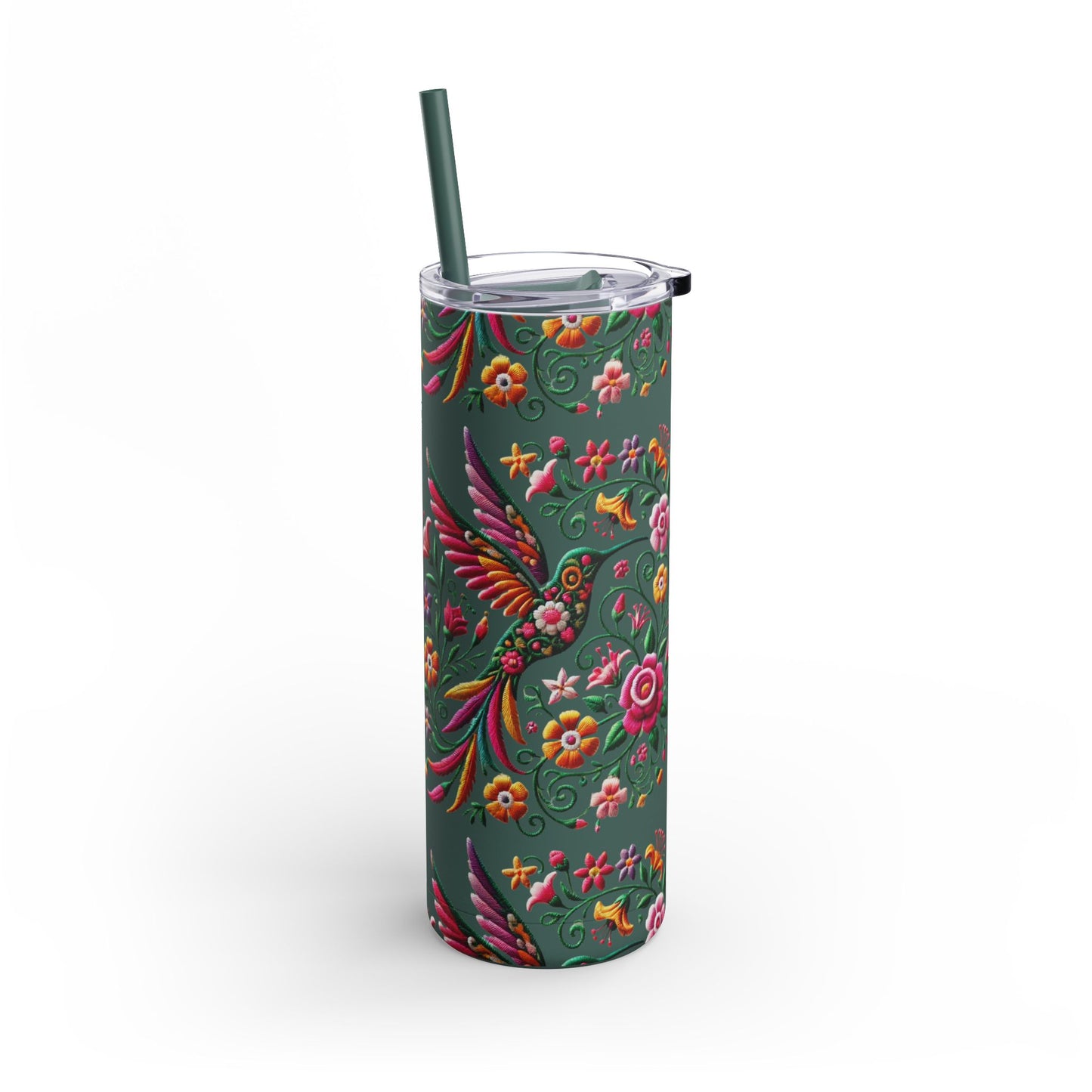 Hummingbird & Floral Embroidered-Style Skinny Tumbler 🌸✨ (20oz)