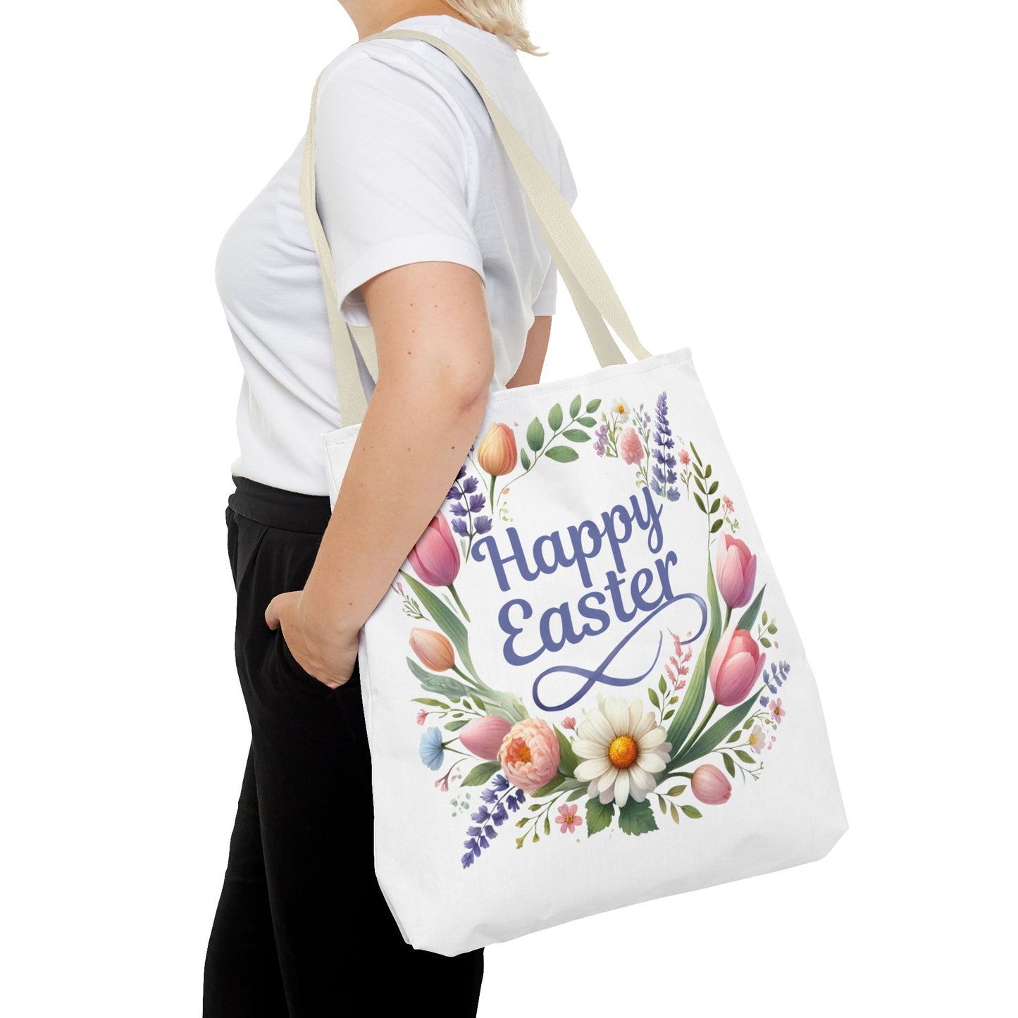 “Happy Easter” – Floral Wreath Tote Bag 🌸🐣👜