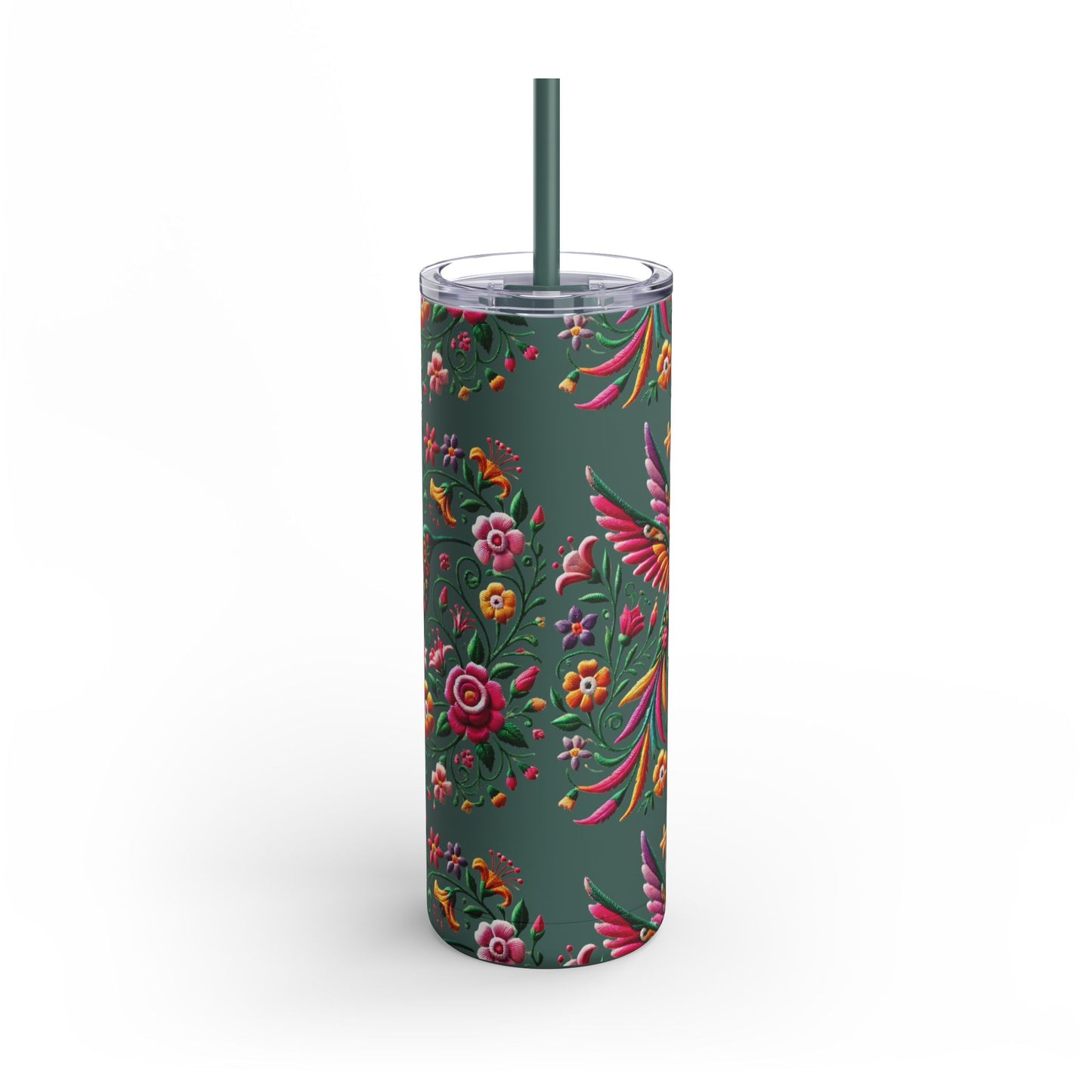 Hummingbird & Floral Embroidered-Style Skinny Tumbler 🌸✨ (20oz)
