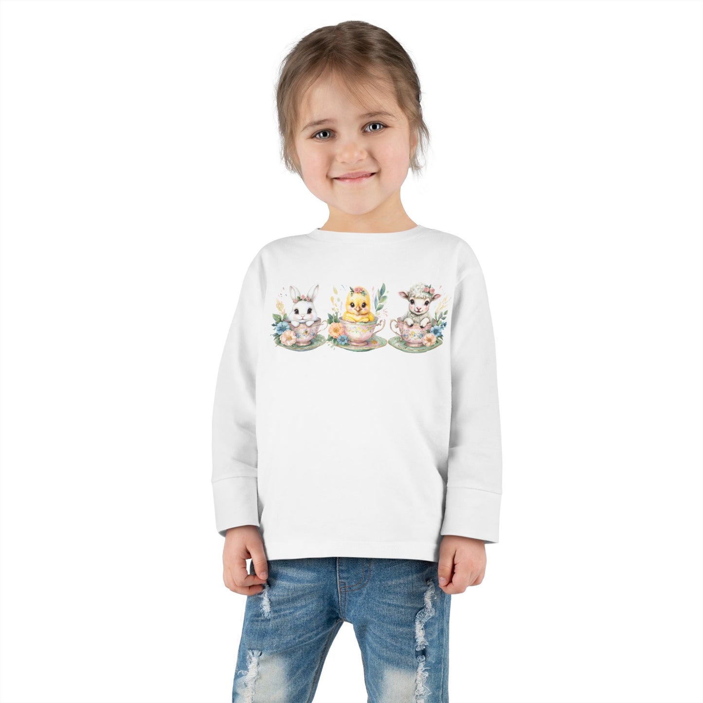 “Tea Time Trio” – Toddler Long Sleeve Tee 🐰🫖🌸