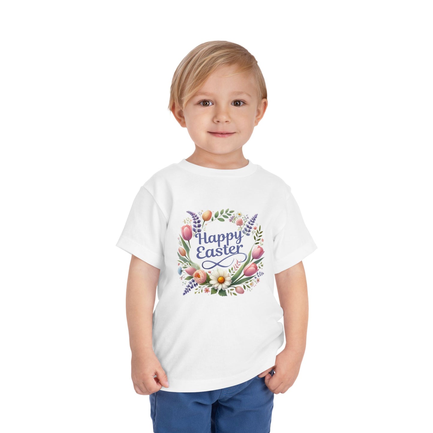 “Happy Easter” – Toddler Floral Wreath Tee 🌸🐣