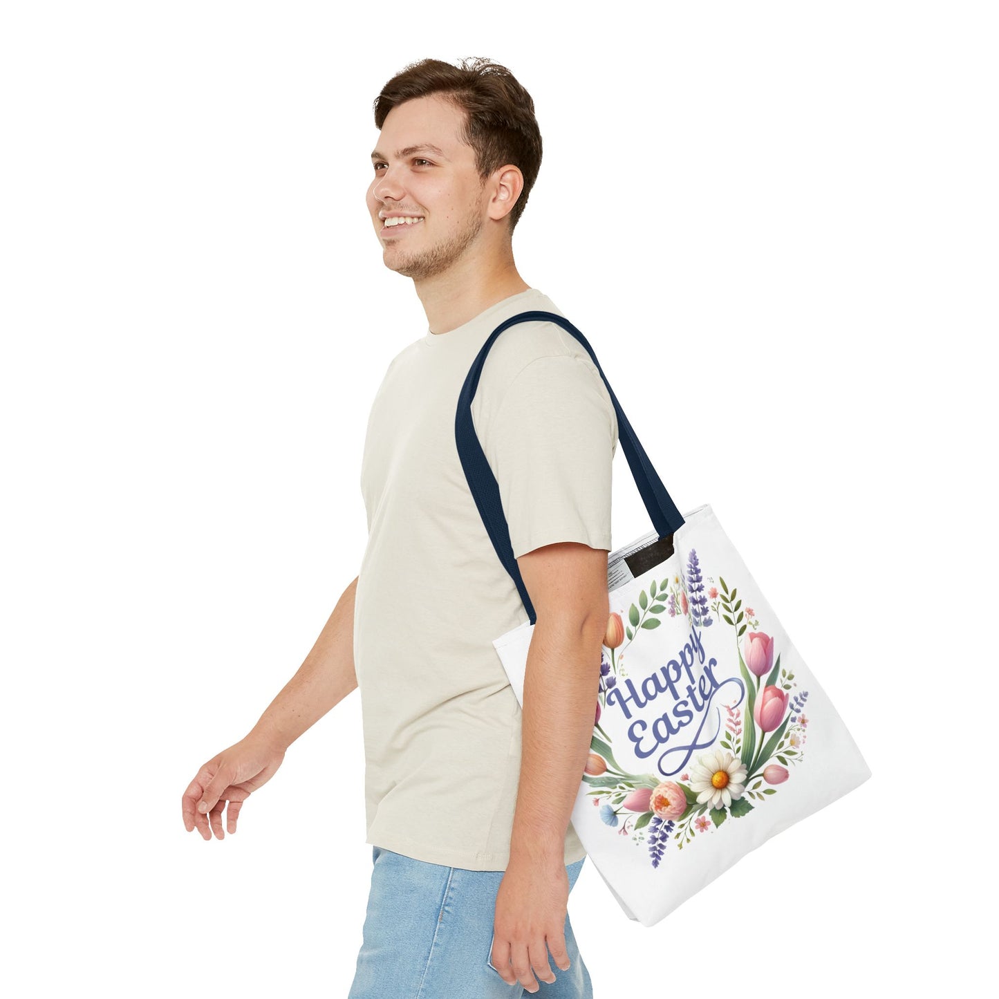 “Happy Easter” – Floral Wreath Tote Bag 🌸🐣👜