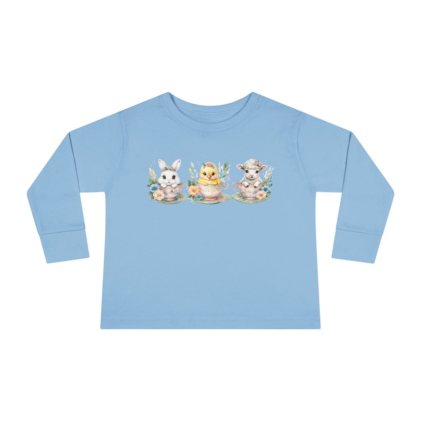 “Tea Time Trio” – Toddler Long Sleeve Tee 🐰🫖🌸