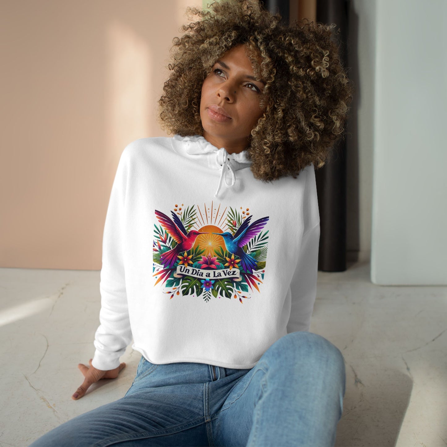 "Un Día a La Vez" Tropical Sunrise Cropped Hoodie