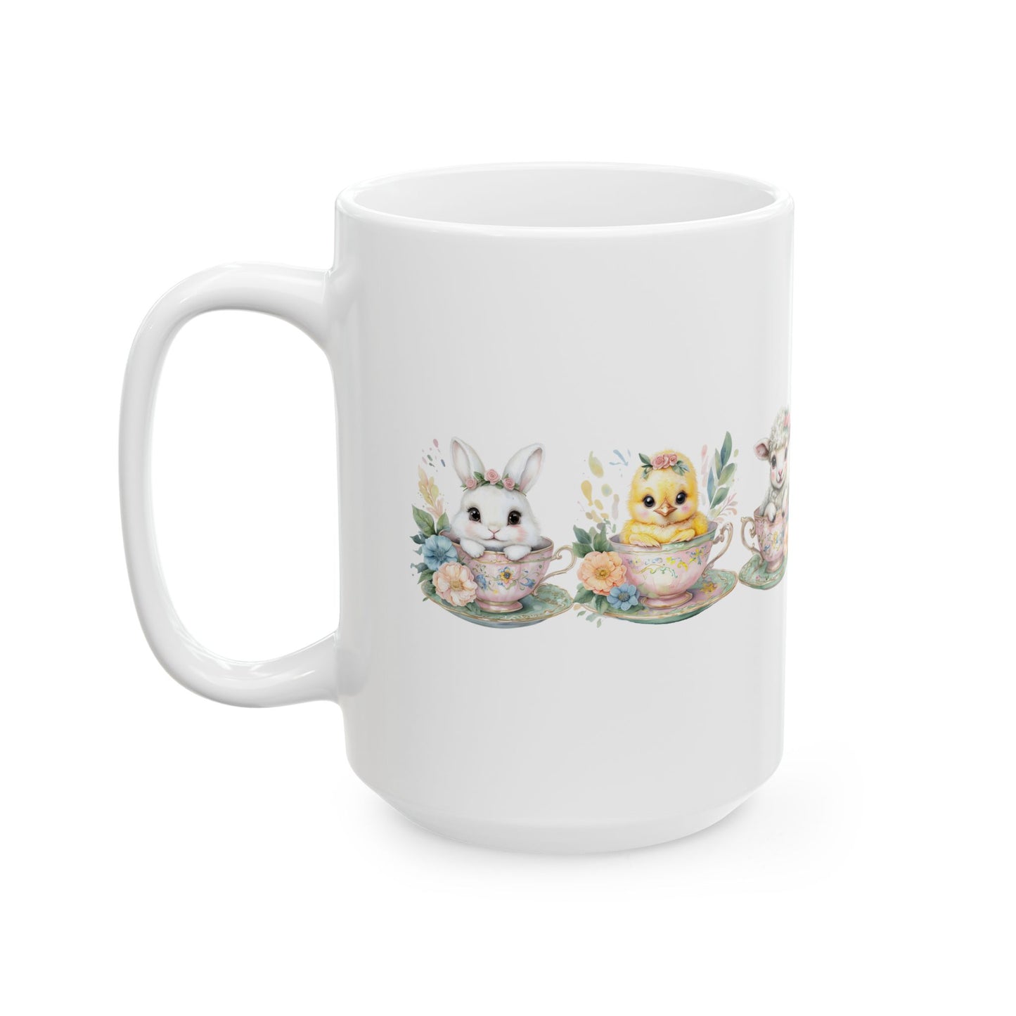“Tea Time Trio” – Ceramic Mug ☕🐣🌸 (11oz, 15oz)