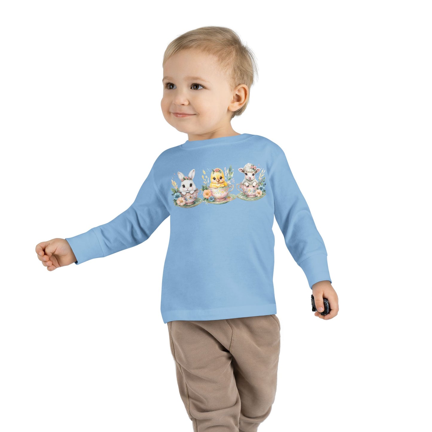 “Tea Time Trio” – Toddler Long Sleeve Tee 🐰🫖🌸