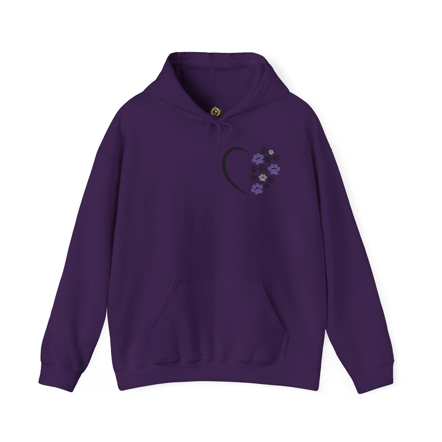 Heart & Paws Unisex Hoodie – Purple & Black Paw Prints