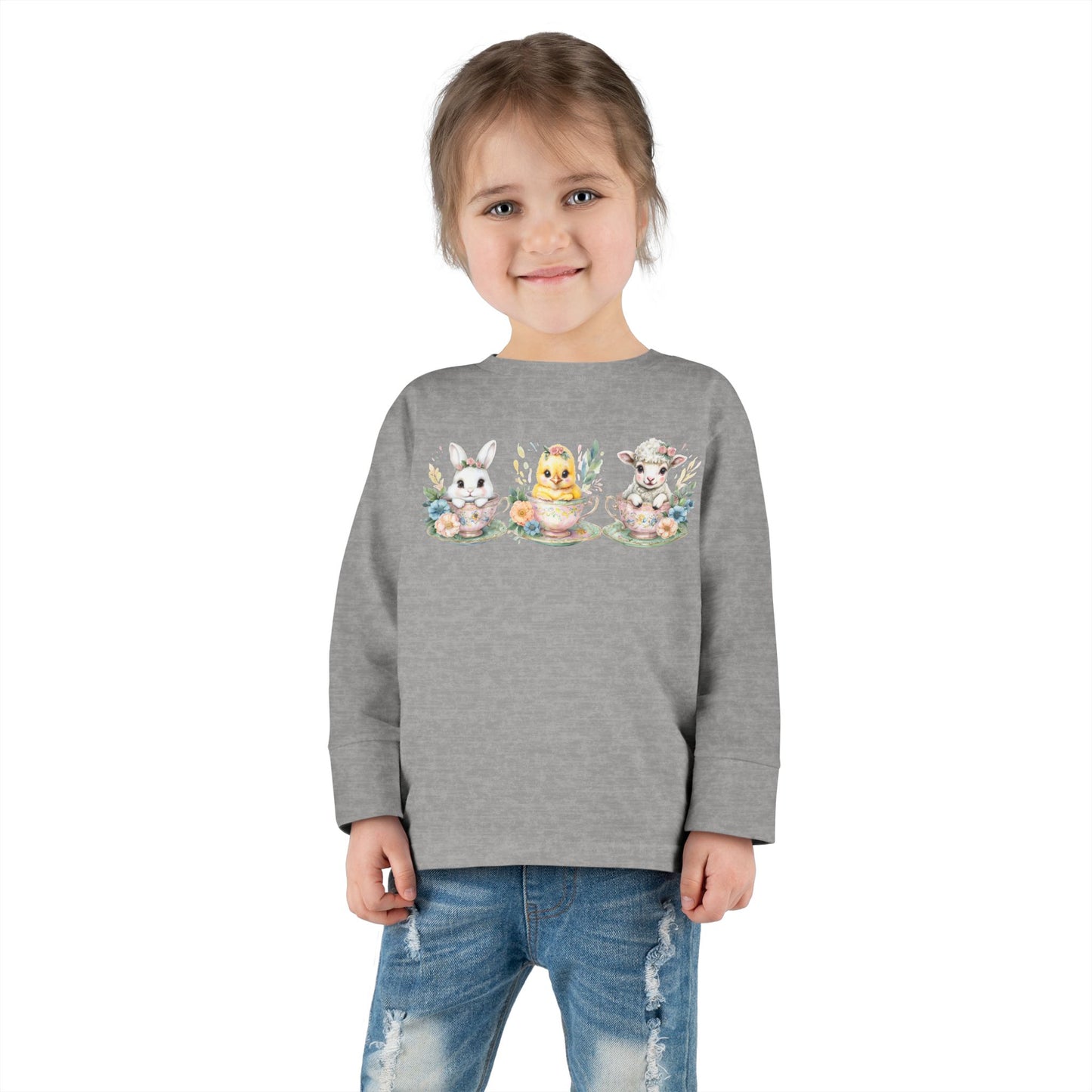 “Tea Time Trio” – Toddler Long Sleeve Tee 🐰🫖🌸