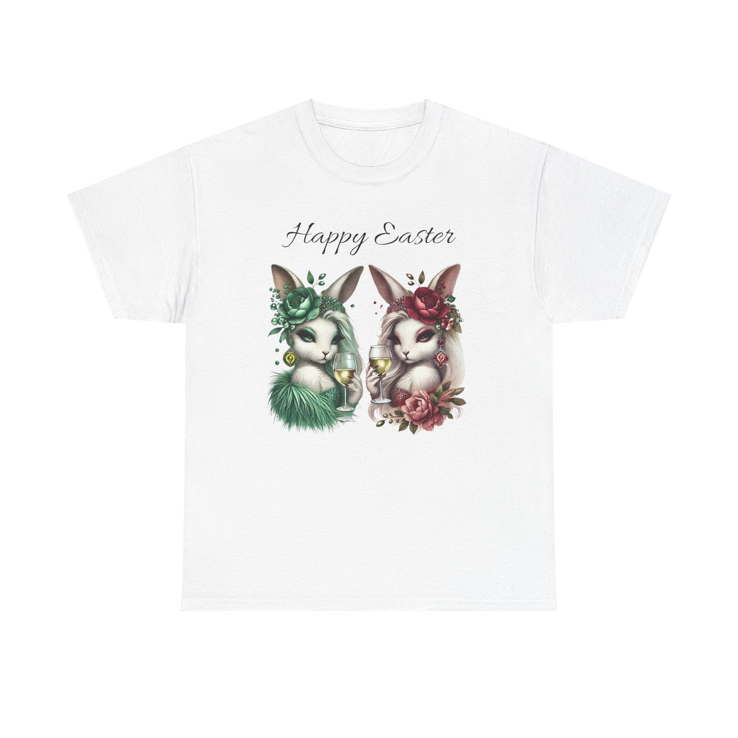 “Happy Easter” – Glam Bunny Duo Unisex Tee 🐰🍷🌿