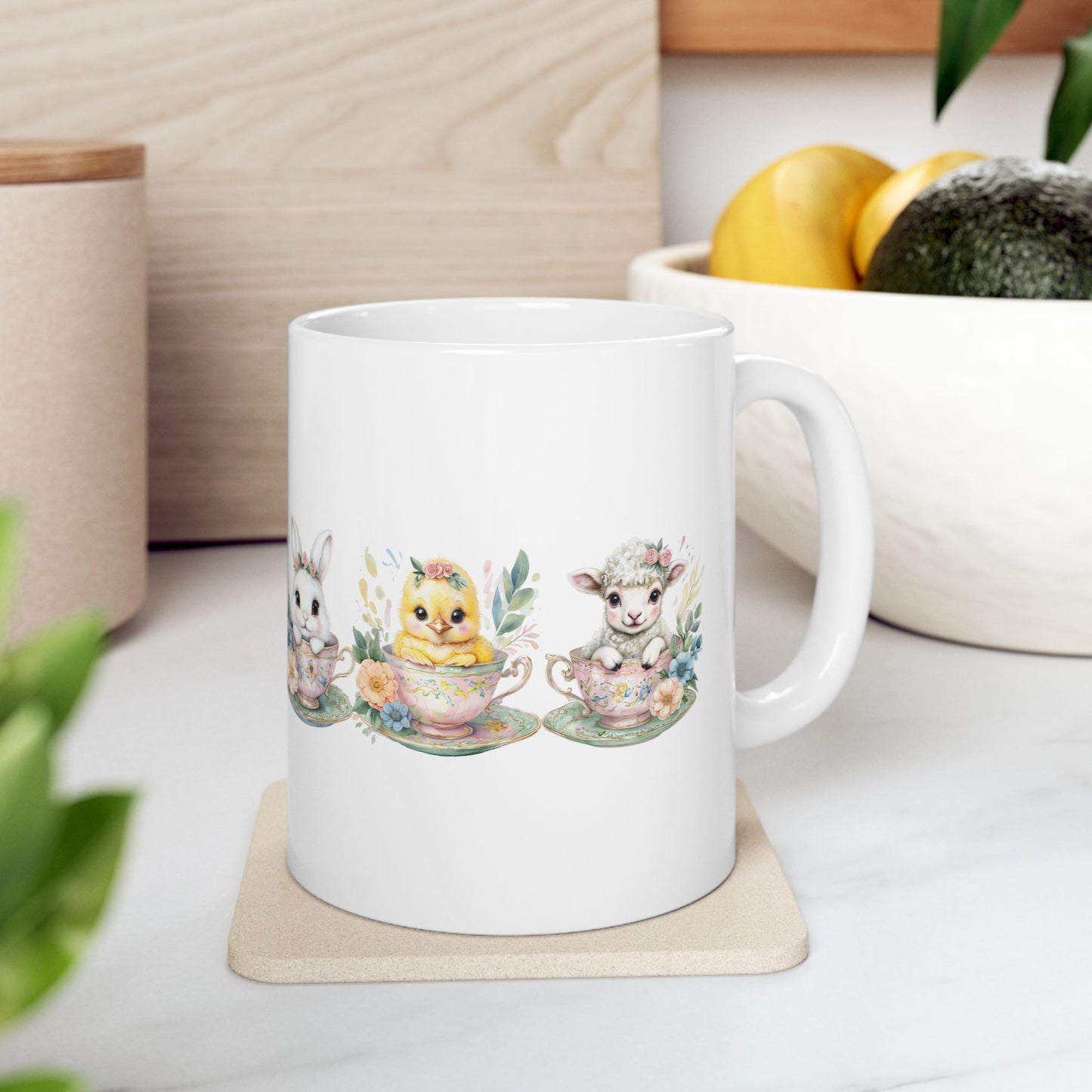 “Tea Time Trio” – Ceramic Mug ☕🐣🌸 (11oz, 15oz)