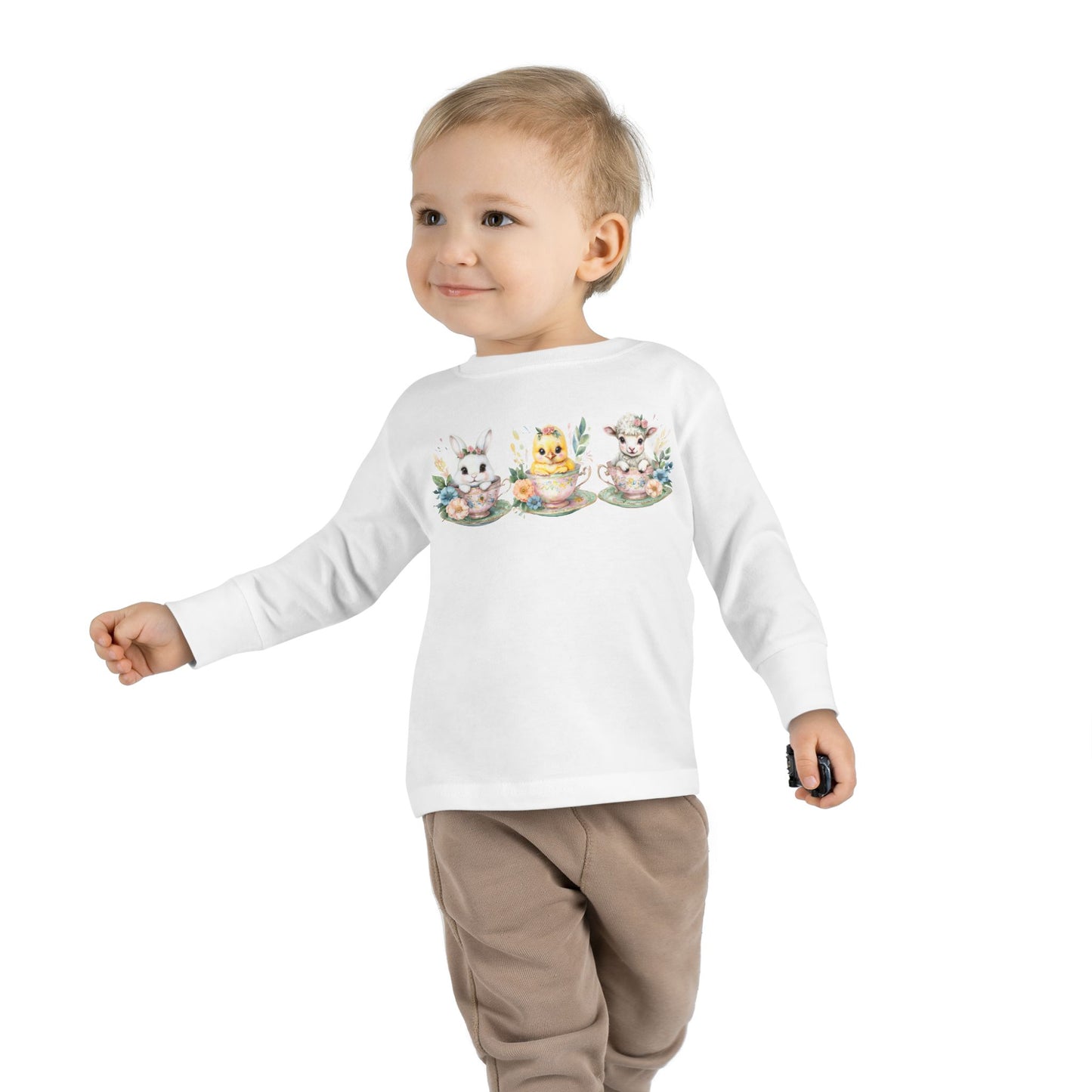 “Tea Time Trio” – Toddler Long Sleeve Tee 🐰🫖🌸