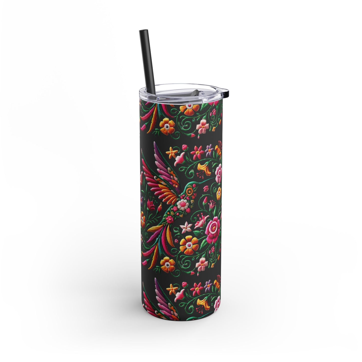 Hummingbird & Floral Embroidered-Style Skinny Tumbler 🌸✨ (20oz)