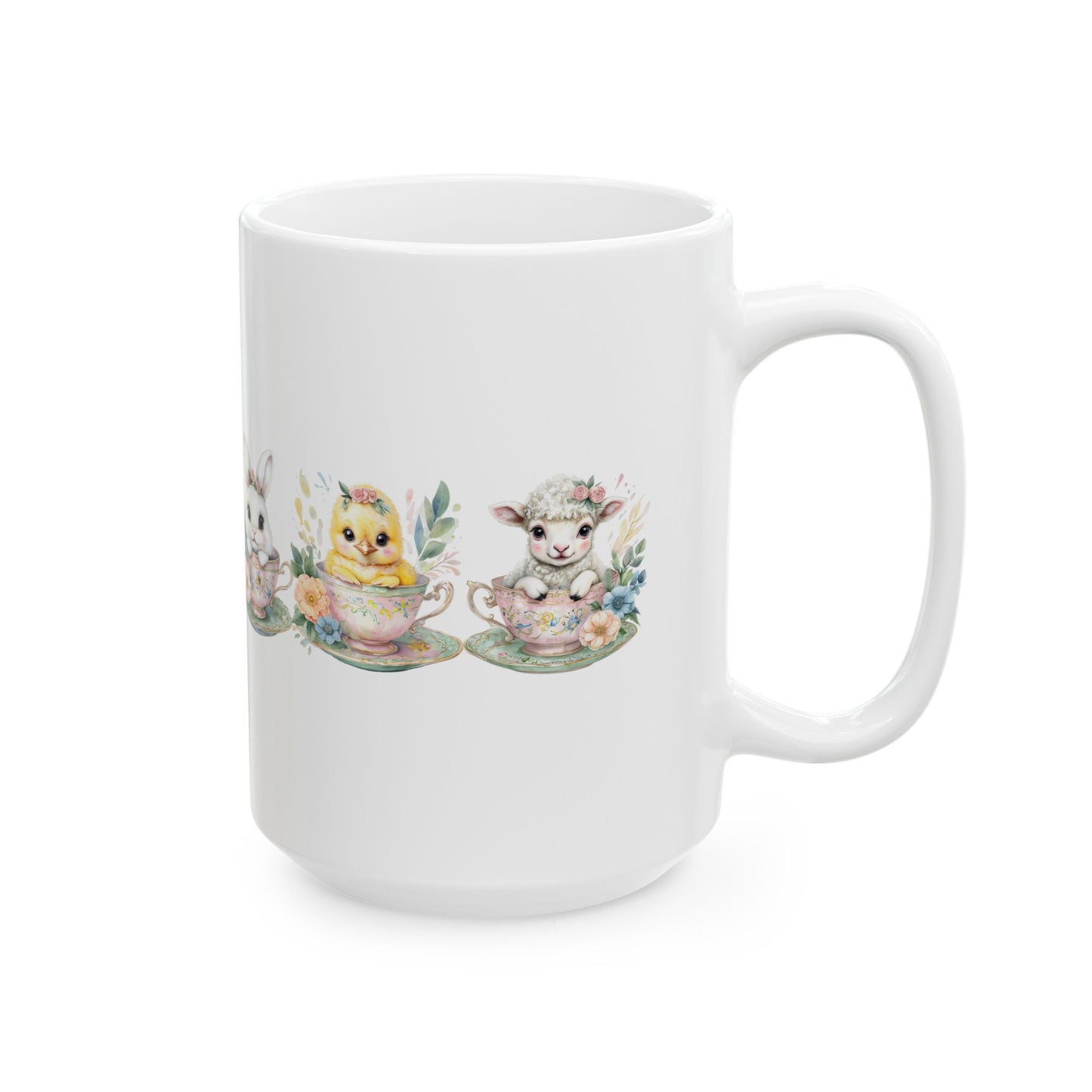 “Tea Time Trio” – Ceramic Mug ☕🐣🌸 (11oz, 15oz)