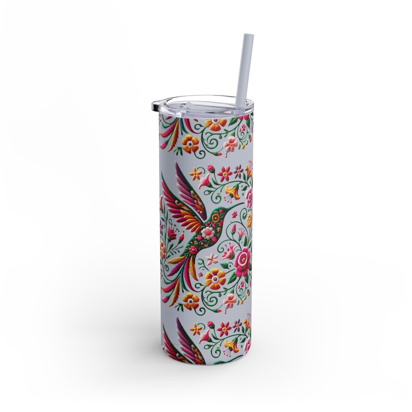 Hummingbird & Floral Embroidered-Style Skinny Tumbler 🌸✨ (20oz)