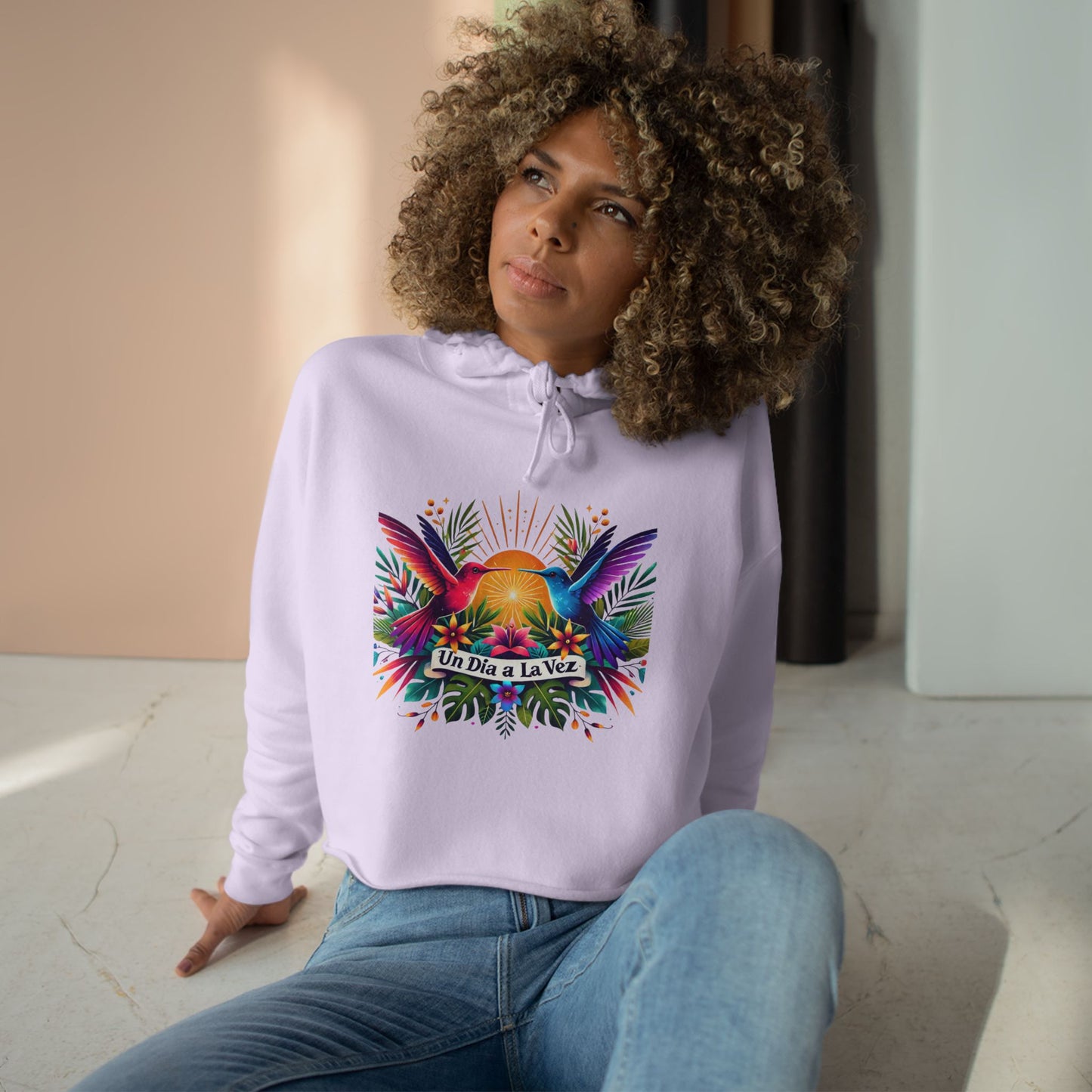 "Un Día a La Vez" Tropical Sunrise Cropped Hoodie