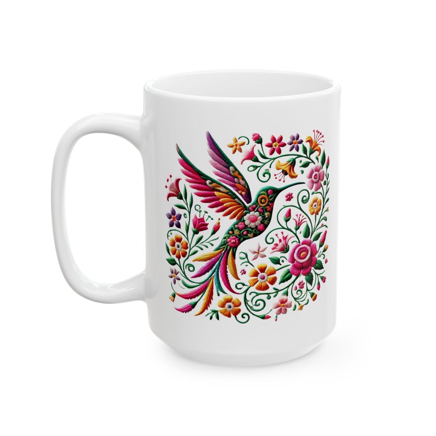 Hummingbird & Floral Embroidered-Style Ceramic Mug 🌸✨ (11oz, 15oz)