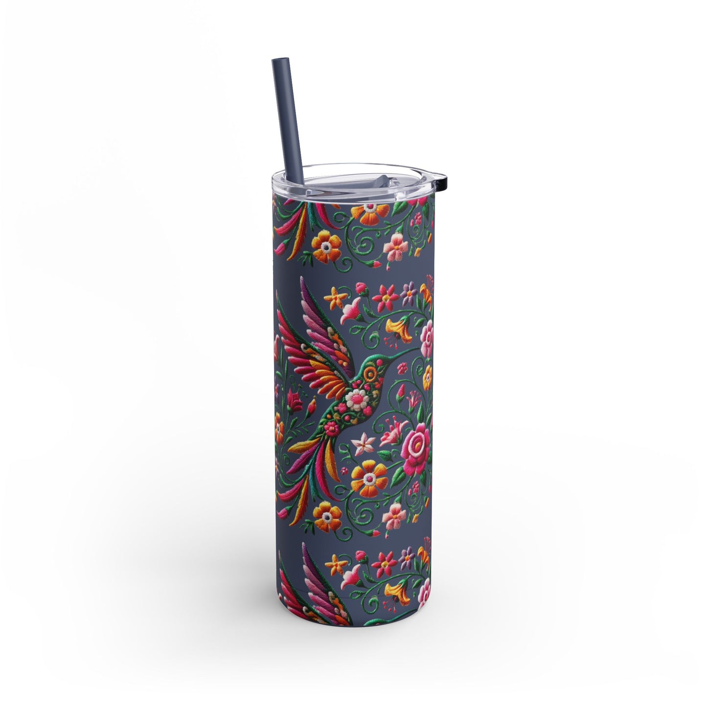 Hummingbird & Floral Embroidered-Style Skinny Tumbler 🌸✨ (20oz)