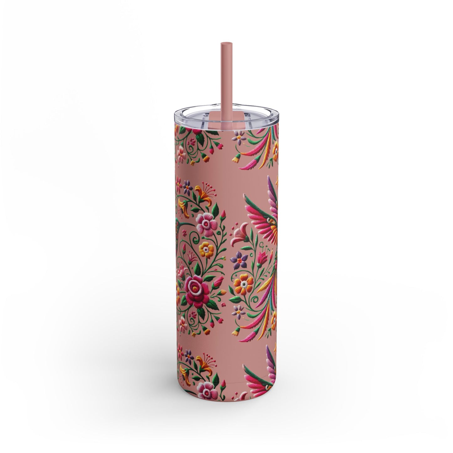 Hummingbird & Floral Embroidered-Style Skinny Tumbler 🌸✨ (20oz)