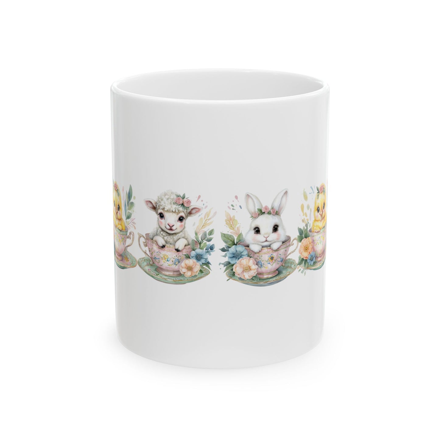 “Tea Time Trio” – Ceramic Mug ☕🐣🌸 (11oz, 15oz)