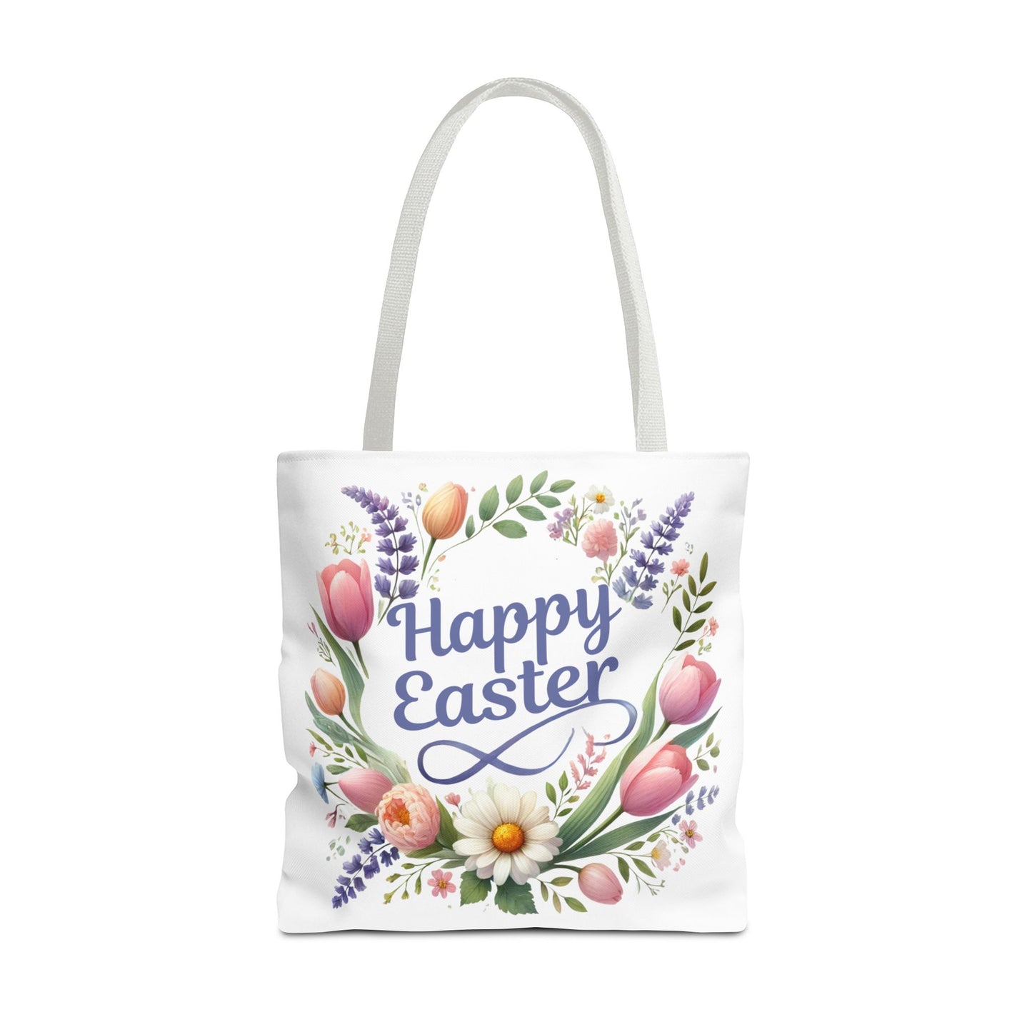 “Happy Easter” – Floral Wreath Tote Bag 🌸🐣👜