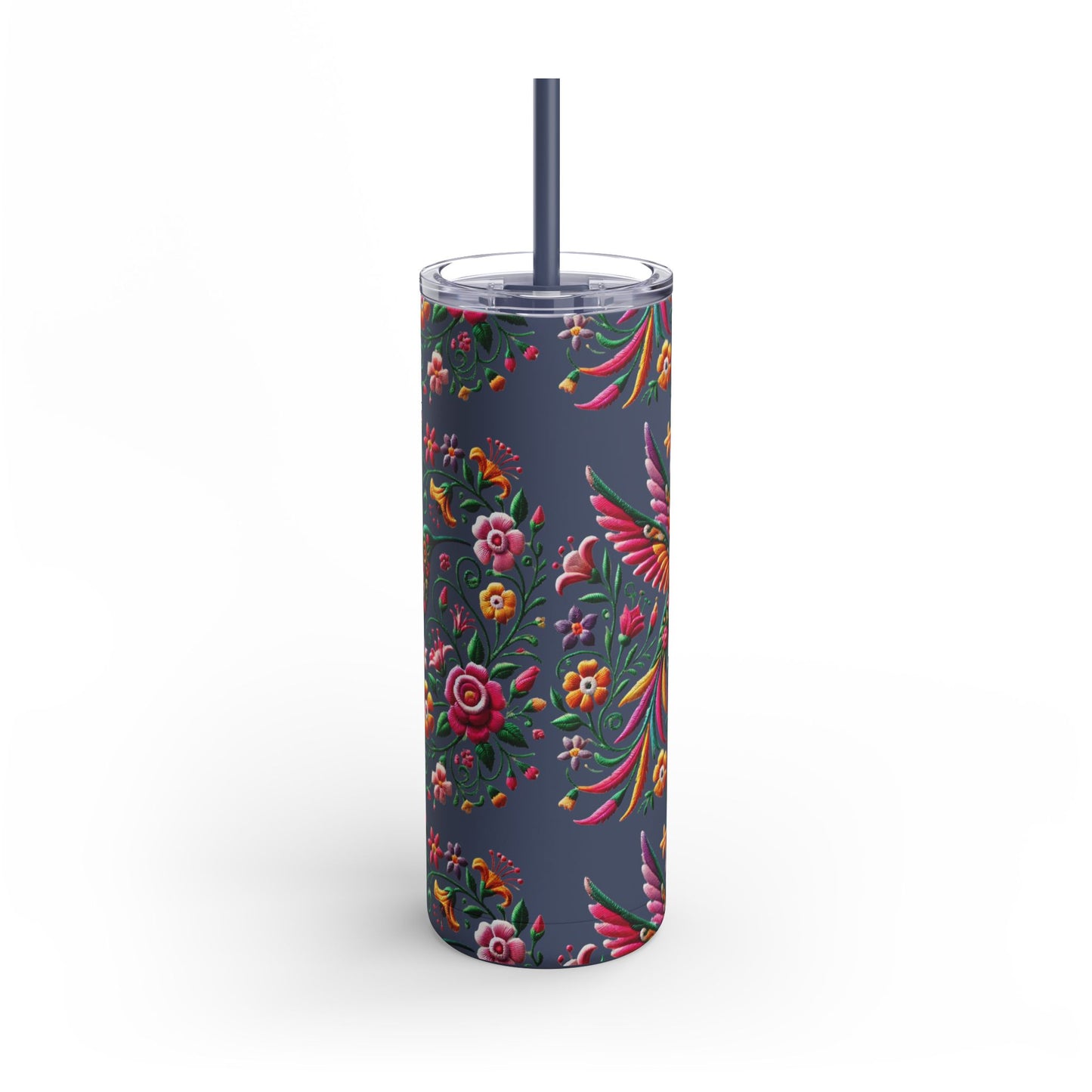 Hummingbird & Floral Embroidered-Style Skinny Tumbler 🌸✨ (20oz)